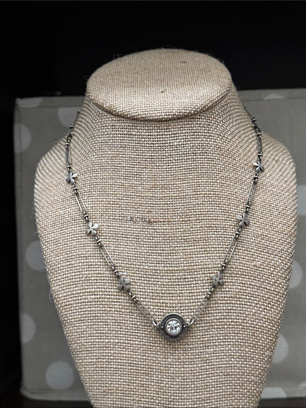 French Kande  Silver Floral Station Necklace with Clear Crystal Pendant